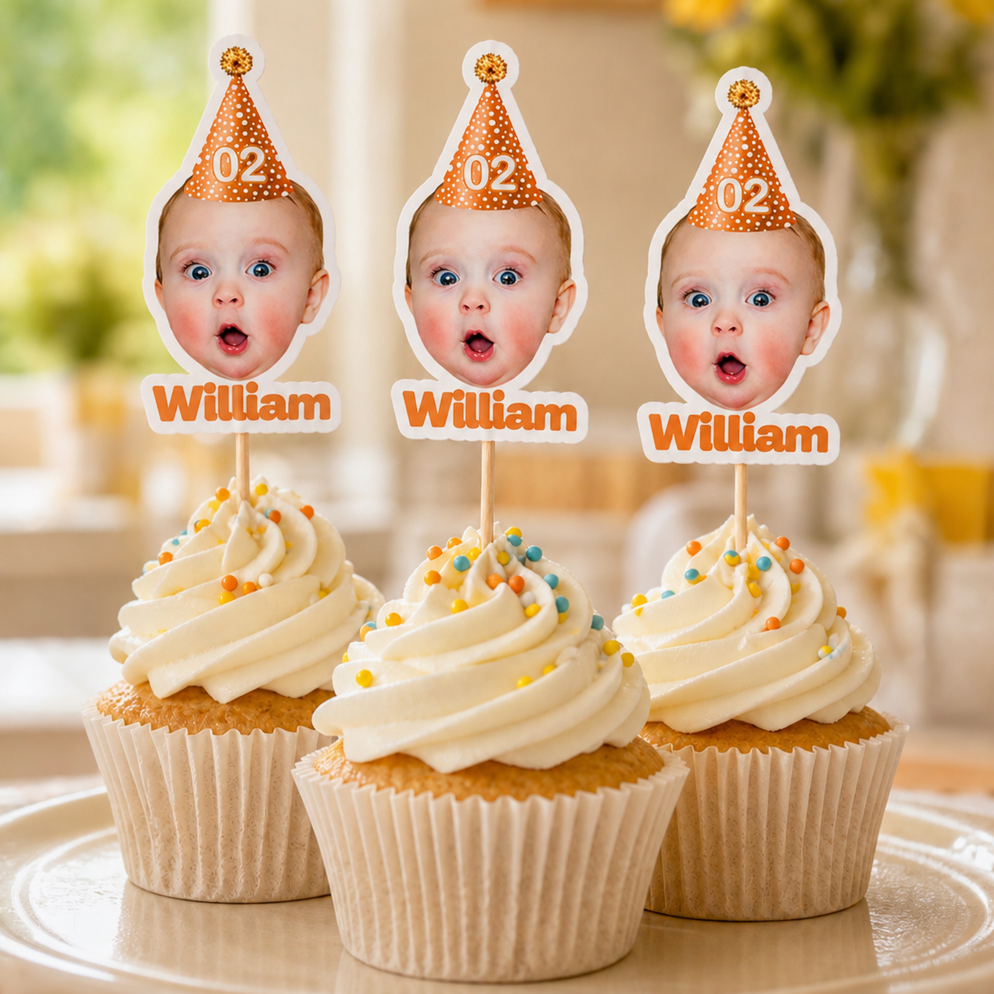Individuell gestalteter Cupcake-Dekor mit Geburtstagshut, Foto, Namen und Zahl – Partyzubehör und Geburtstagsgeschenk für Eltern, Familie und Freunde