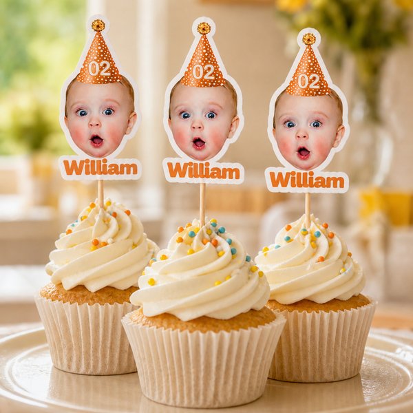 Personalized Birthday Hat Photo Cupcake Topper with Name and Number Party Supplies Birthday Gift for Parents Family Friends
