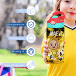 Personalised Cartoon Soccer Character 12 oz Insulated Water Bottle with Name and Number Back to School Birthday Gift for Kid Soccer Player