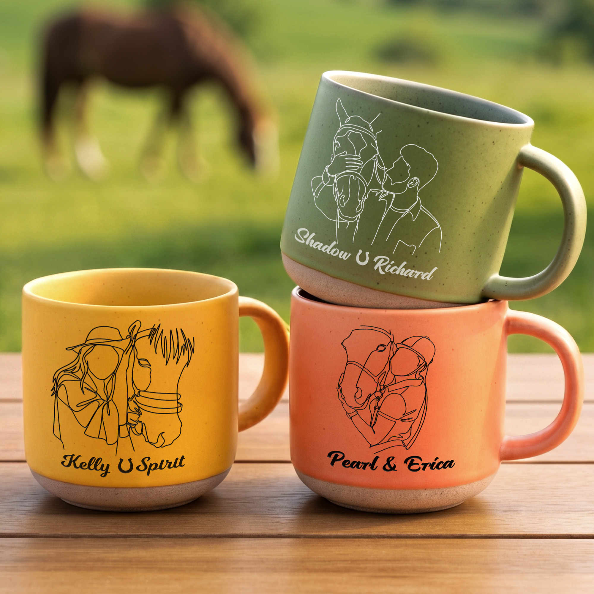 Personalisierter Pferde Kaffeebecher mit eingravierter One-Line-Art vom Foto | Keramiktasse | Reitsport Geburtstag Geschenk für Reiter & Pferdemädchen