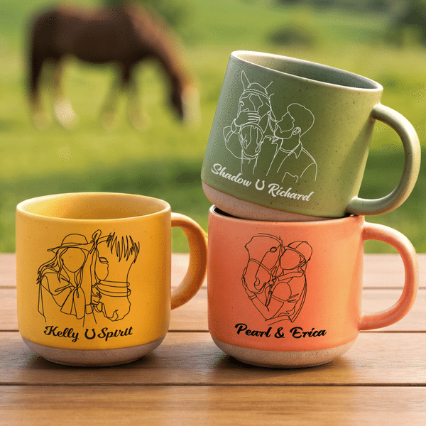 Personalized Line Art Horse and Owner Portrait 12 oz Ceramic Coffee Mug with Name and Handle Daily Use Birthday Gift for Horse Owners Lovers
