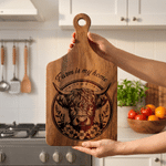 Personalized Flower Highland Cow Wooden Reversible Charcuterie Cutting Board with Engraved Text and Grip Housewarming Birthday Gift for Family Friends