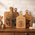 Personalized Flower Highland Cow Wooden Reversible Charcuterie Cutting Board with Engraved Text and Grip Housewarming Birthday Gift for Family Friends