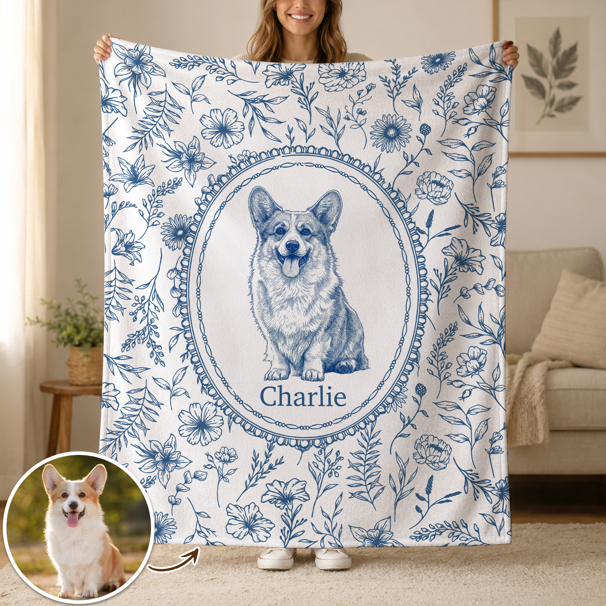 Personalisierte, weiche Decke mit Toile-de-Jouy-Blumenmuster und Foto des Haustiers sowie Namen – Wohnaccessoire und Gedenkgeschenk für Haustierbesitzer nach dem Verlust ihres Haustiers