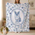 Personalized Toile De Jouy Floral Pet Photo Soft Throw Blanket with Name Home Decor Loss of Pet Memorial Gift for Pet Owner