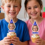 Personalized Birthday Hat Photo Cupcake Topper with Name and Number Party Supplies Birthday Gift for Parents Family Friends