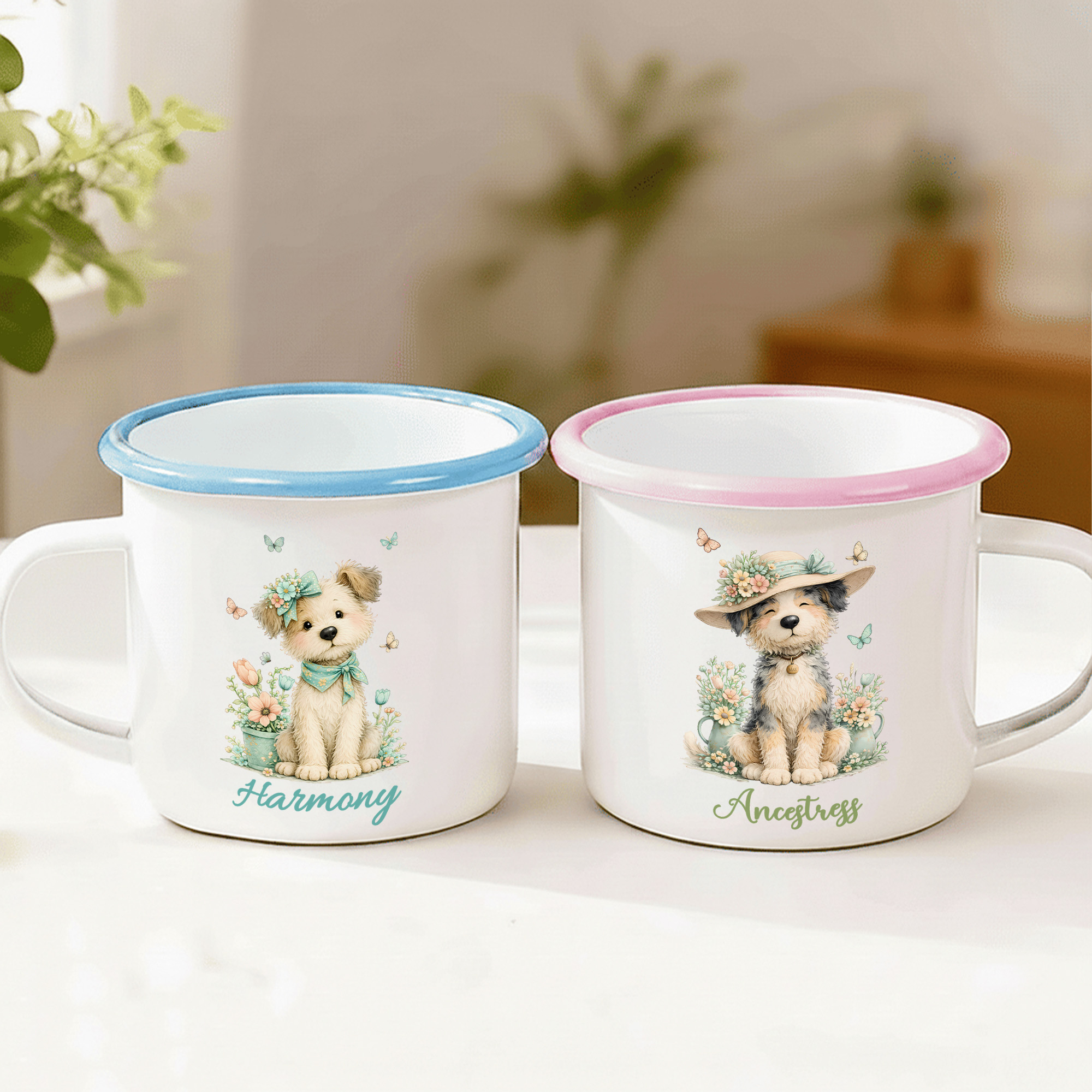 Personalisierte, niedliche Emaille-Tasse (12 oz) mit Blumen- und Hundemotiv sowie Namenszug – für den täglichen Gebrauch, als Geburtstagsgeschenk für Jungen und Mädchen