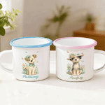 Personalised Cute Floral Dog Animal 12 oz Enamel Mug with Name Daily Use Birthday Gift for Boys Girls