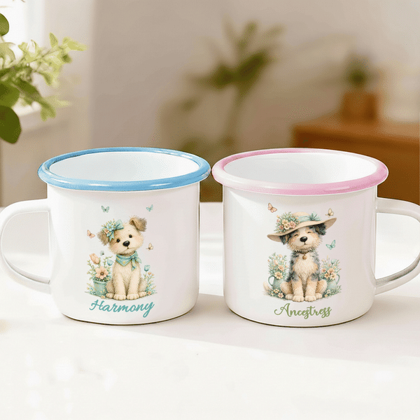 Personalized Cute Floral Dog Animal 12 oz Enamel Mug with Name Daily Use Birthday Gift for Boys Girls