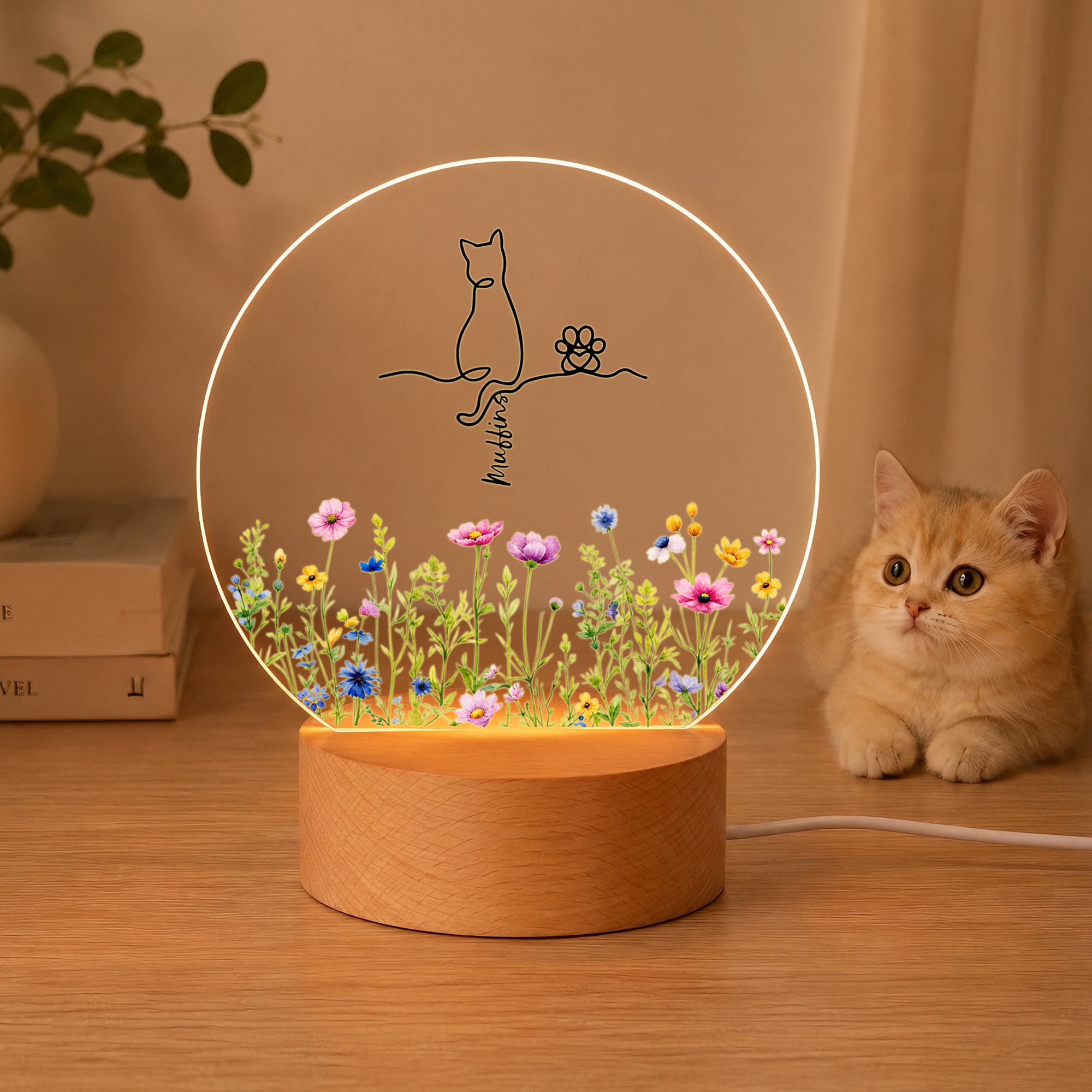 Personalisiertes Acryl-Nachtlicht „Engel-Katze mit Blumen und Schmetterlingen“ mit 1–4 Namen und Holzsockel – Schlafzimmerdekoration für den täglichen Gebrauch, Geburtstagsgeschenk für Katzenliebhaber