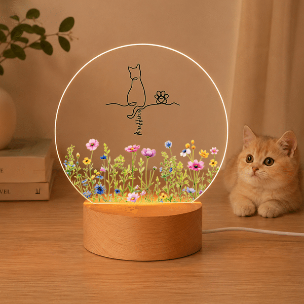 Personalised Angel Cat Floral Butterfly Acrylic Night Light with 1-4 Names and Wooden Base Bedroom Decor Daily Use Birthday Gift for Cat Lovers
