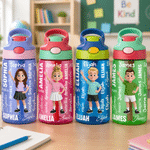Personalized Cartoon Character 16 oz Kid Water Bottle with Straw Handle and Name Back to School Children's Day Birthday Gift for Children