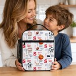 Personalized Sports Theme Word Cloud Insulated Lunch Bag with Name and Initial Back to School Birthday Gift for Boys Kids Sports Fans