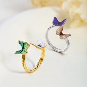 Personalized Double Birth Butterfly Open Sterling Silver Ring with Name Dainty Jewellery Anniversary Birthday Gift for Mother Girlfriend Best Friend