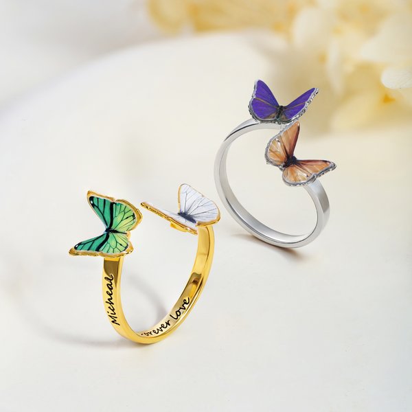 Personalised Double Birth Butterfly Open Sterling Silver Ring with Name Dainty Jewellery Anniversary Birthday Gift for Mother Girlfriend Best Friend
