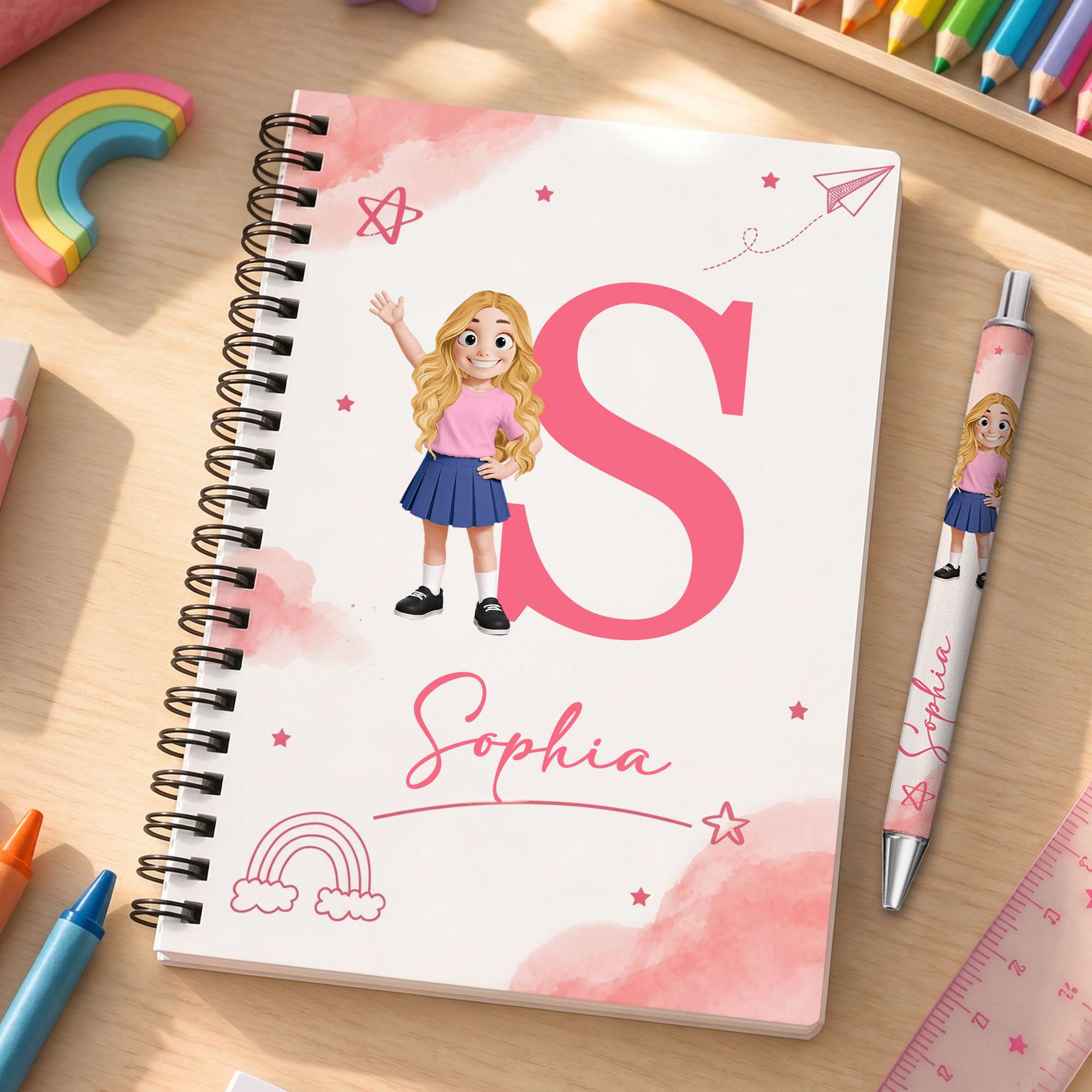 Personalisiertes A5-Notizbuch im 3D-Cartoon-Stil mit Initialen in Spiralbindung, Namen und Kugelschreiber – für den täglichen Gebrauch, als Geburtstags- oder Schulanfangsgeschenk für Schüler und Kinde