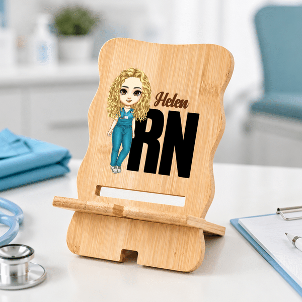 Support de téléphone en bois personnalisé « Docteur / Infirmière » avec illustration de bande dessinée et prénom – Cadeau de remerciement pour la Semaine des infirmières, destiné aux médecins, infirmi