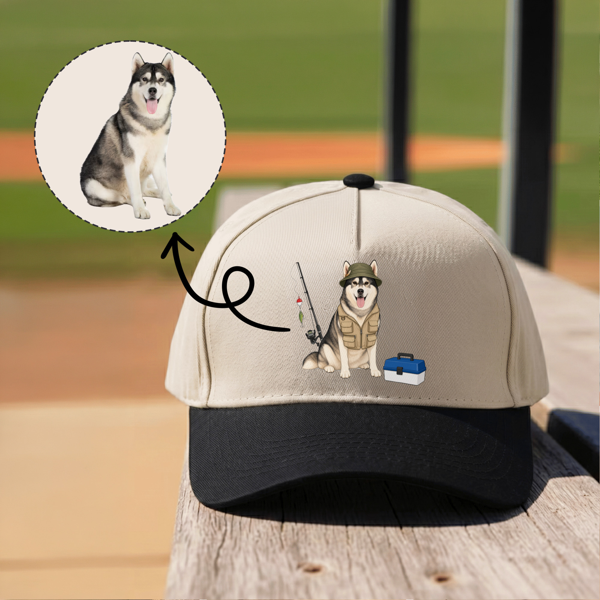 Personalisierte, mehrfarbige Baseballkappe aus 100 % Baumwolle mit Haustierfoto und Angelmotiv, mit Namen – ein Geburtstagsgeschenk für Haustierbesitzer mit Bezug zum Angeln