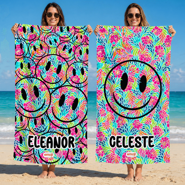 Personalised Smile Grin emoji Soft Quick Dry Beach Towel with Name Summer Vacation Party Beach Travel Gift for Family Kids Friends | Callie × emoji ™
