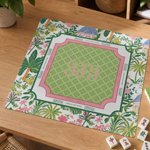 Personalised Preppy Pink & Green Floral Tropical Palm Tree Mahjong Mat with Storage Bag Game Night Mahjong Club Gift for Mahjong Lovers