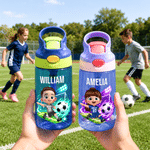 Personalised Cartoon Football Kid Character 16 oz Kid Water Bottle with Name Number and Silicone Straw Outdoor Activities Birthday Gift for Boys Girls