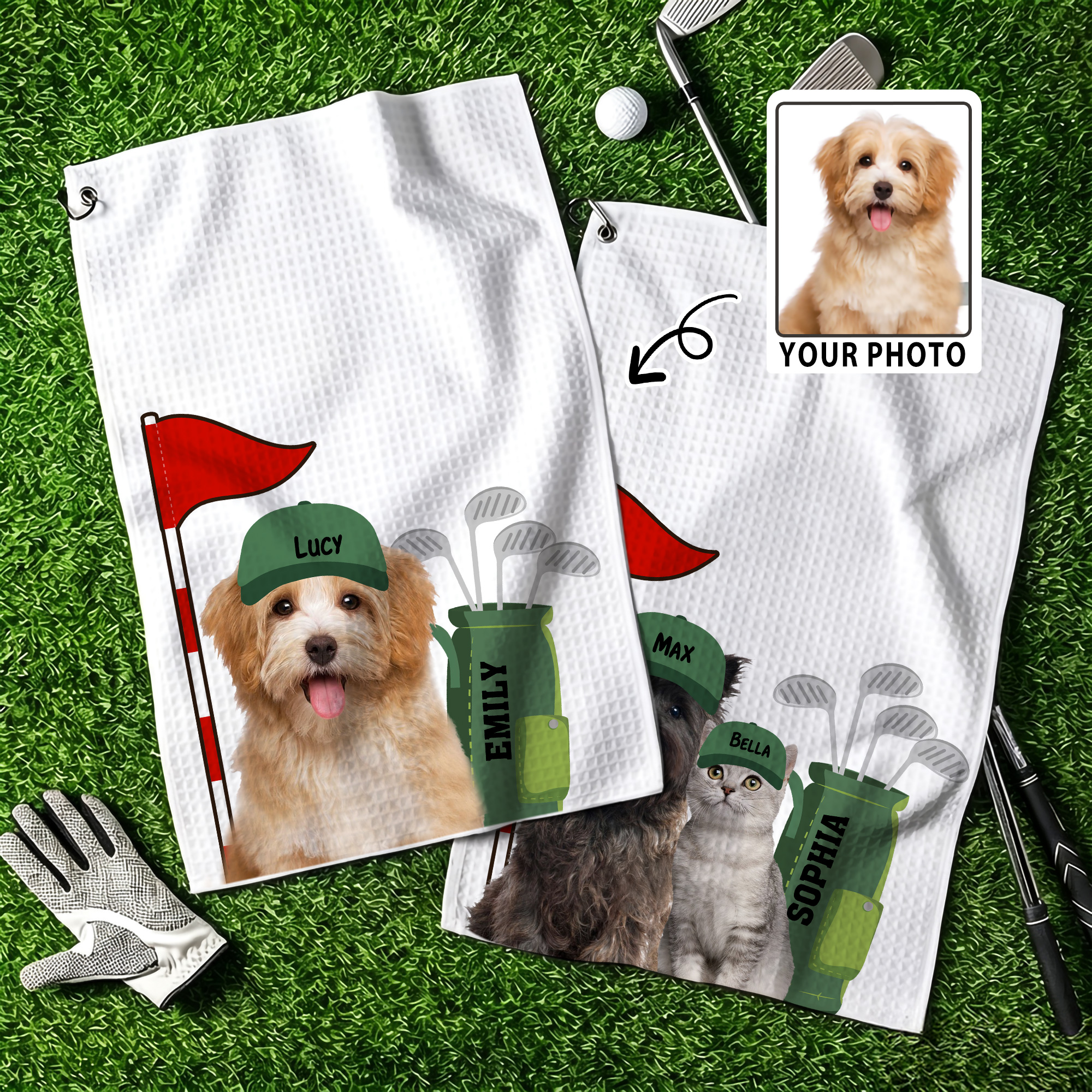 Personalisierte niedlichen Golf Haustier Foto super saugfähige Waffel Sport Handtuch mit 1-5 Namen und hängenden Clip Spiel Tag Geburtstagsgeschenk für Golfspieler Haustierliebhaber
