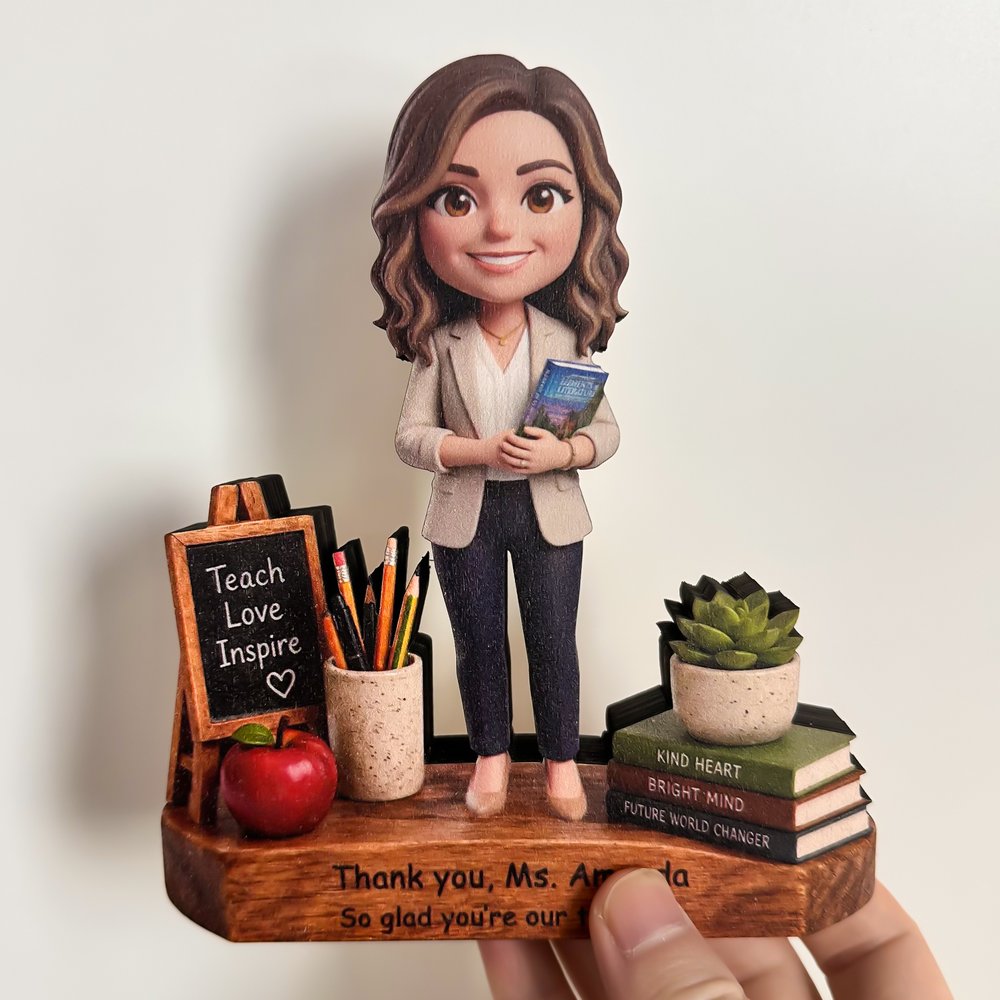 Personalised Teach Love Inspire Cartoon Character Photo Wooden Desktop Ornament with Text Back to School Teacher's Day Gift for Teacher 5