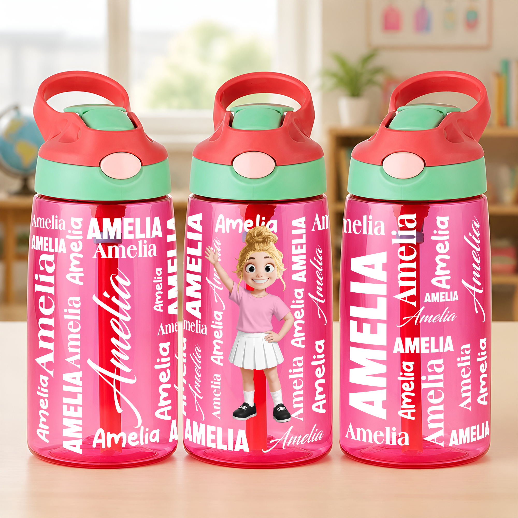 Personalisierte Wortwolke mit Cartoon-Figur und Namen – 16 oz Kinder-Trinkflasche mit Strohhalm und Griff – Geschenk zum Schulanfang, zum Kindertag oder zum Geburtstag für Kinder
