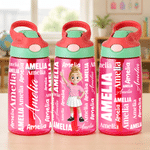 Personalized Cartoon Character 16 oz Kid Water Bottle with Straw Handle and Name Back to School Children's Day Birthday Gift for Children