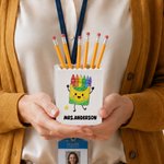 Personalized Apple Pencil Notebook Coffee Pattern Building Block Pen Holder with Title and Surname Back to School Birthday Gift for Student Teacher