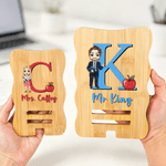Personalized Cartoon Character  Bamboo Phone Holder with Name and Initial Back to School Teacher's Day Gift for Teachers