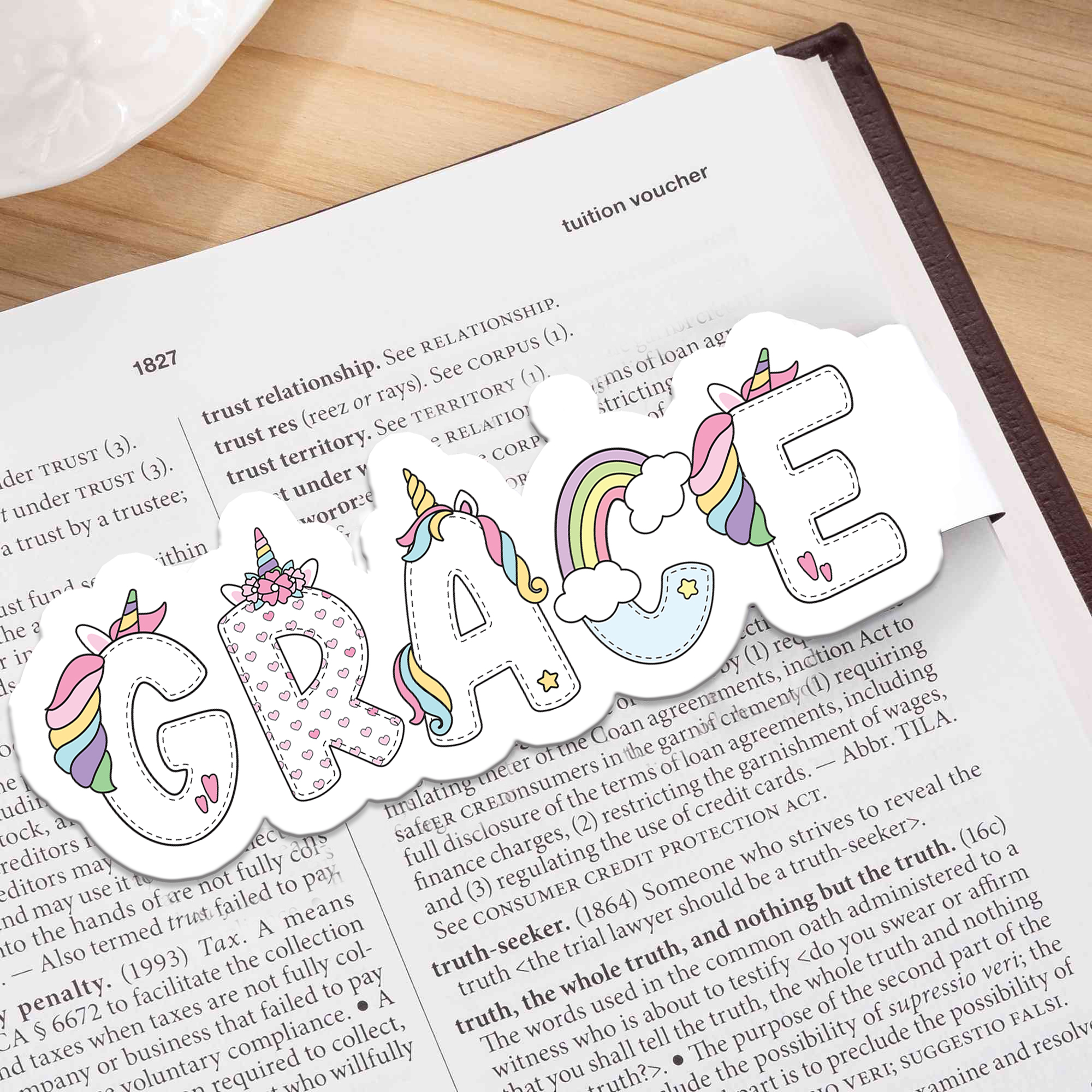 Personalisiertes Fantasy-Einhorn-Regenbogen-Namensdesign – magnetischer Lesezeichenclip als Geburtstags- oder Schulanfangsgeschenk für Buchliebhaber und Leser