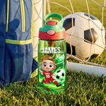 Personalised Cartoon Football Kid Character 16 oz Kid Water Bottle with Name Number and Silicone Straw Outdoor Activities Birthday Gift for Boys Girls