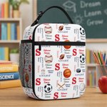 Personalized Sports Theme Word Cloud Insulated Lunch Bag with Name and Initial Back to School Birthday Gift for Boys Kids Sports Fans