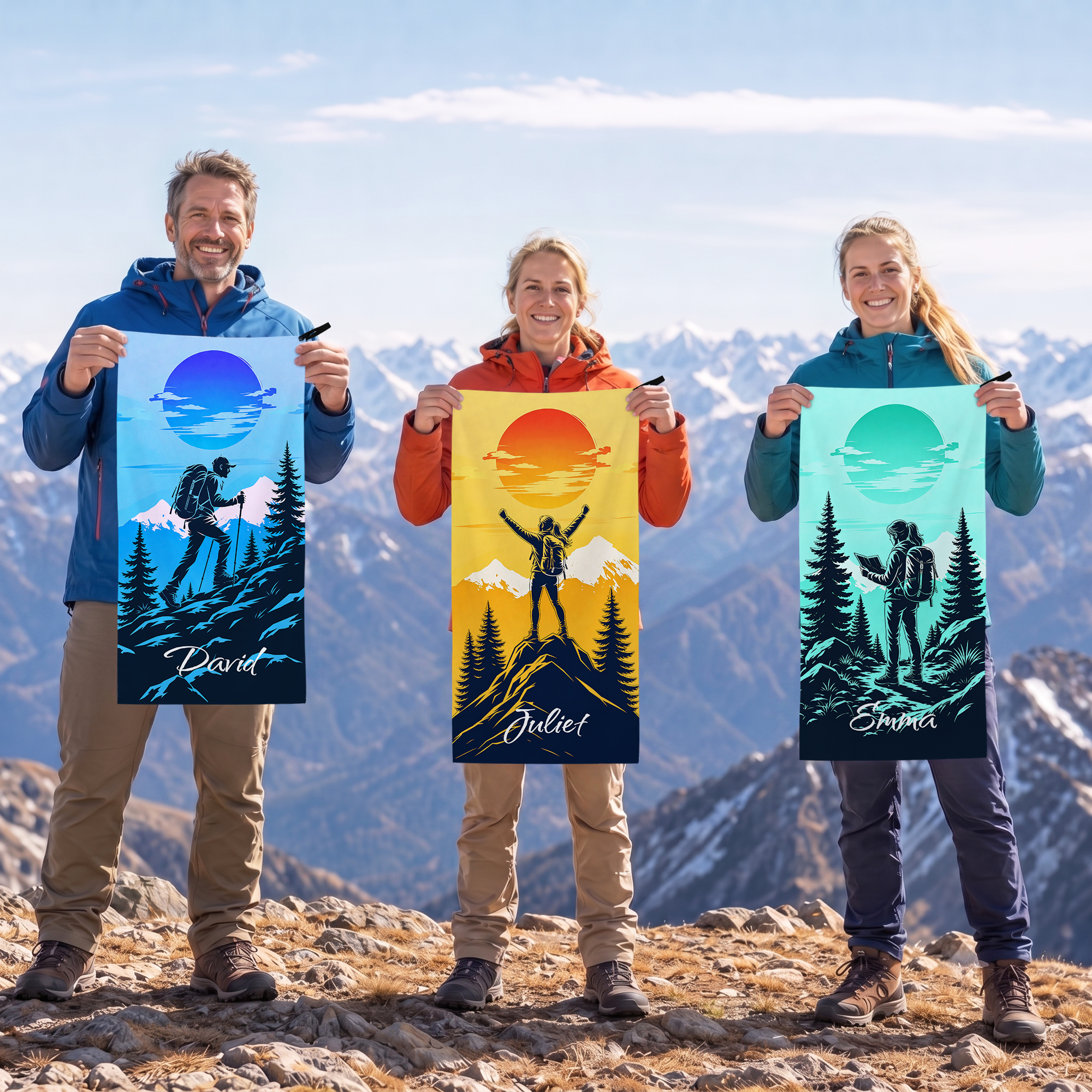 Personalisiertes Sporthandtuch mit Wanderer-Silhouette | schnelltrocknend | 80 cm × 40 cm | Geburtstag Geschenk für Bergsteiger Outdoor-Fans