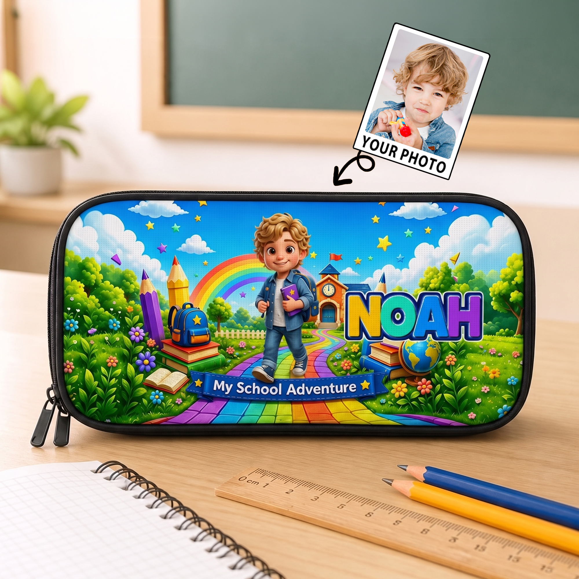Individuell gestaltetes Bleistiftetui mit Cartoon-Motiv und Schloss-Design sowie Namensaufdruck – Schulbedarf und Geschenk zum Schulanfang für Jungen und Mädchen