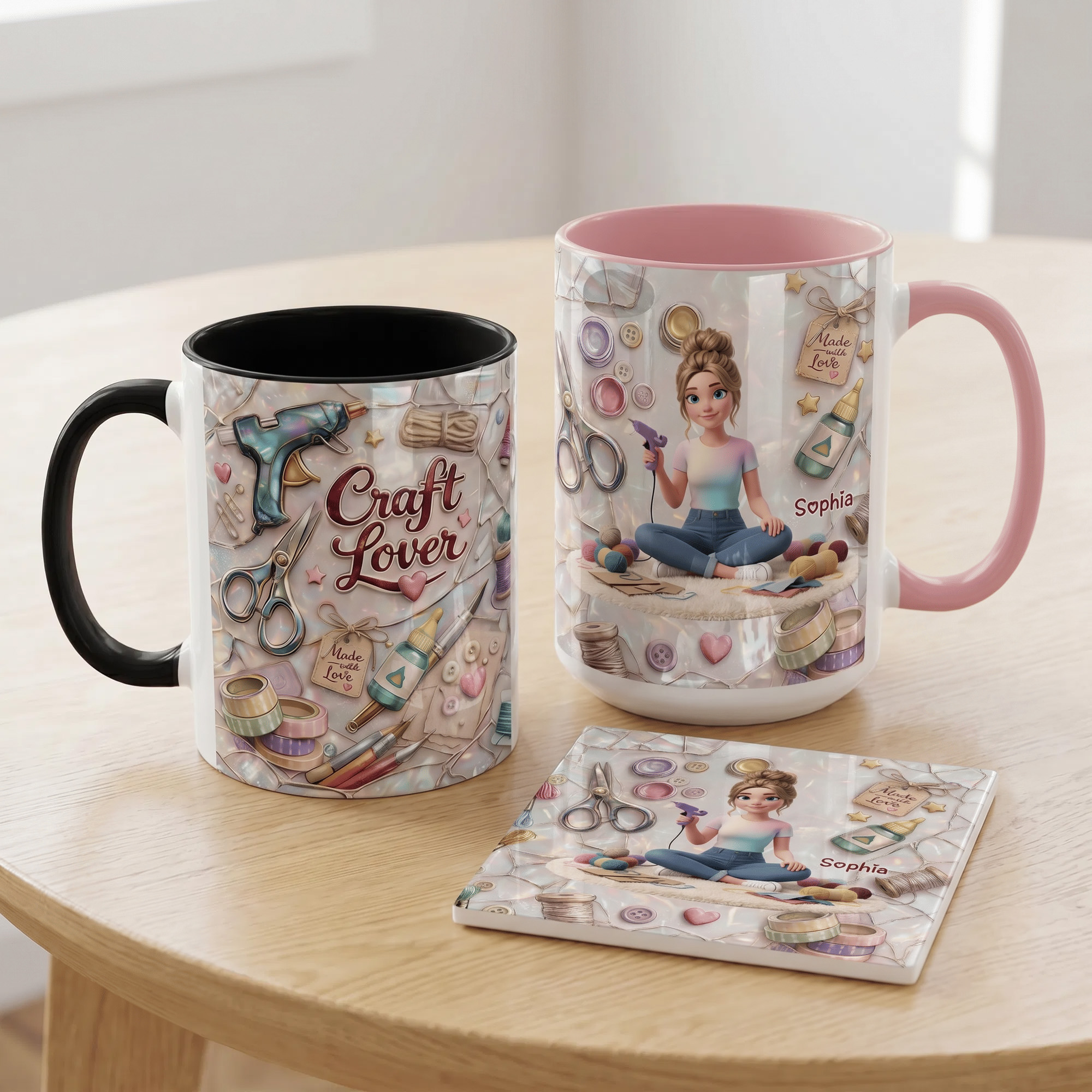 Personalisierte DIY-Keramik-Tasse für Bastelfreunde mit Cartoon-Figur, 11 oz oder 15 oz, mit Namen und Untersetzer – Alltagsgeschenk zum Geburtstag für eine bastelbegeisterte Freundin