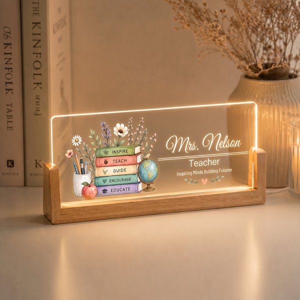 Personalised Book Flower  Acrylic LED Nameplate Night Light with Title Surname and Wooden Base Desk Decor Teacher's Day Appreciation Gift for Teacher