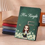 Personalised Birth Flower Cartoon Character PU Leather A5 Notebook Set with Surname Back to School Teacher's Day Appreciation Gift for Teachers