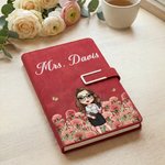 Personalised Birth Flower Cartoon Character PU Leather A5 Notebook Set with Surname Back to School Teacher's Day Appreciation Gift for Teachers