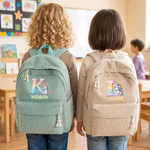 Zaino personalizzato in velluto a coste multicolore con motivo a camioncino, unicorno fantastico e iniziale, con nome, ideale come regalo per il rientro a scuola o per il compleanno di bambini e neona