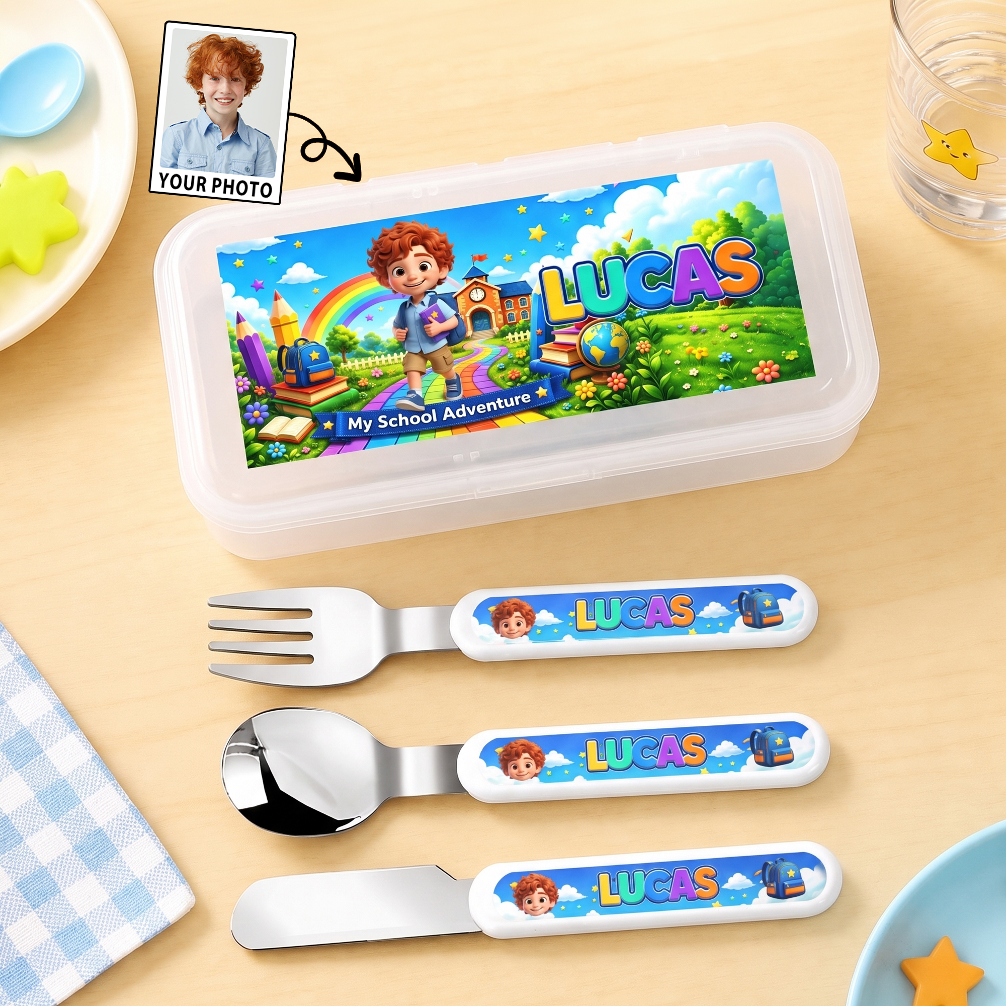 Personalisiertes Besteckset aus rostfreiem Edelstahl mit Cartoon-Figuren für Kinder (Gabel, Löffel, Messer), 3-teilig, mit Namen – zum Schulanfang oder als Geburtstagsgeschenk für Kinder