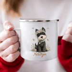 Personalised Cute Floral Dog Animal 12 oz Enamel Mug with Name Daily Use Birthday Gift for Boys Girls