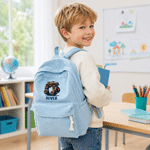 Zaino personalizzato in velluto a coste multicolore con motivo a camioncino, unicorno fantastico e iniziale, con nome, ideale come regalo per il rientro a scuola o per il compleanno di bambini e neona