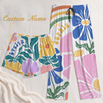 Personalized Retro Boho Flower Soft Pajama Pants Shorts with Name Birthday Gift for Women