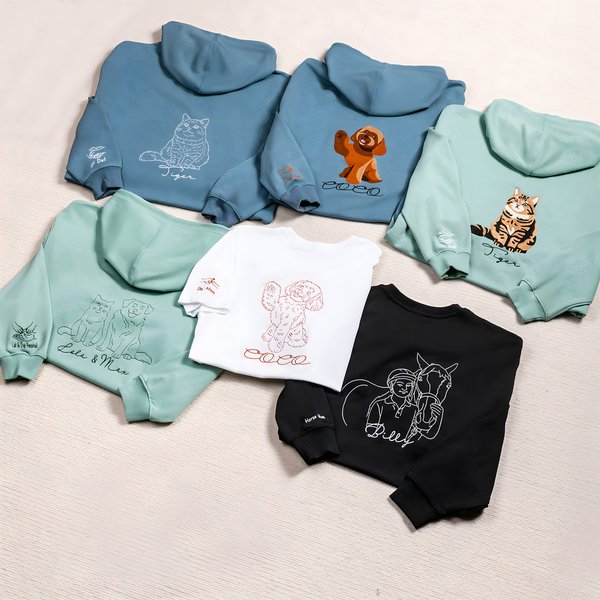 Personalised Colourful Embroidered Pet Photo T-shirt Sweatshirt Hoodie with 1-2 Names Pet Party Birthday Gift for Pet Lovers Owners