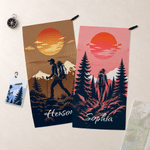 Personalised Hiker Silhouette Portable Sports Towel with Lanyard with Name Hiking Club Birthday Gift for Hikers