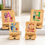 Personalized Cartoon Character  Bamboo Phone Holder with Name and Initial Back to School Teacher's Day Gift for Teachers