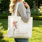 Personalized Birth Flower Multicolor Canvas Tote Bag Handbag with Name Daily Use Wedding Birthday Gift for Women Girls