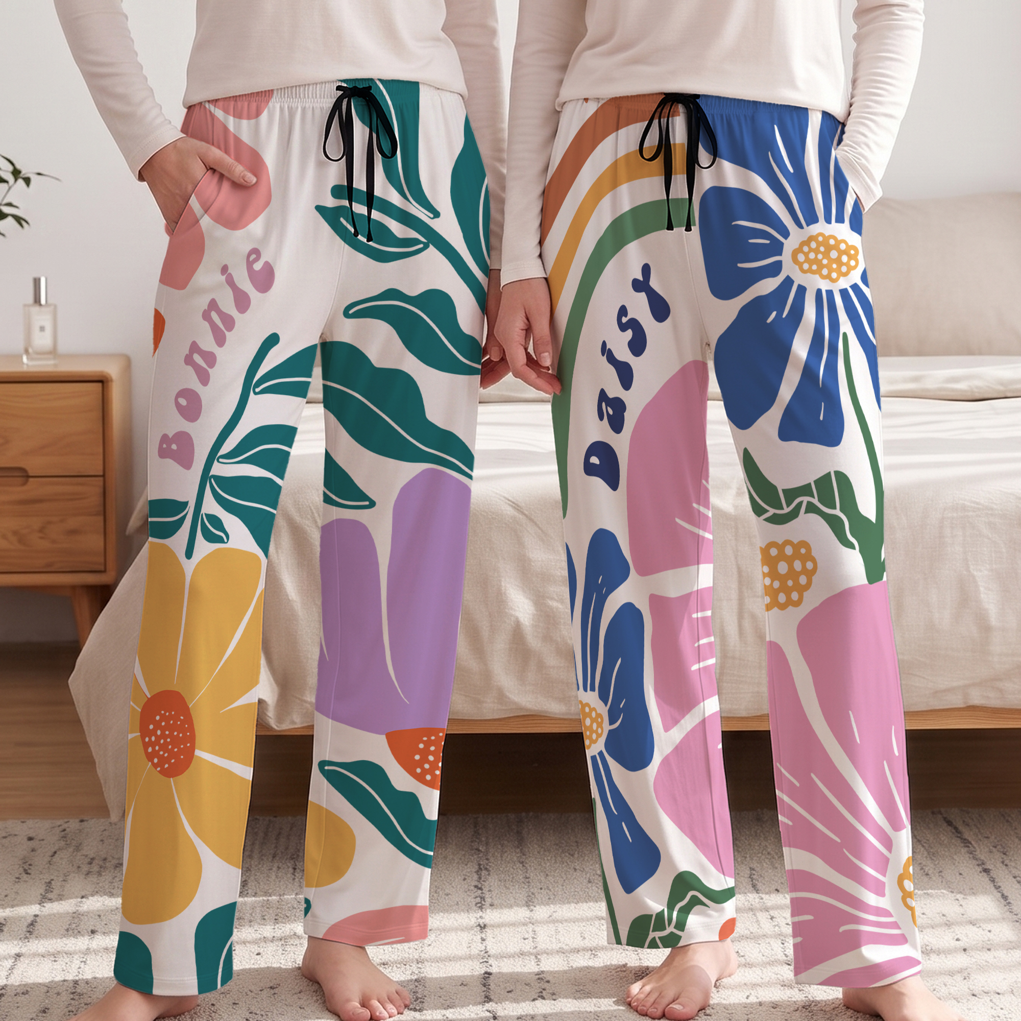 Personalisierte Retro-Boho-Pyjama-Shorts mit Blumenmuster und Namen – Geburtstagsgeschenk für Frauen